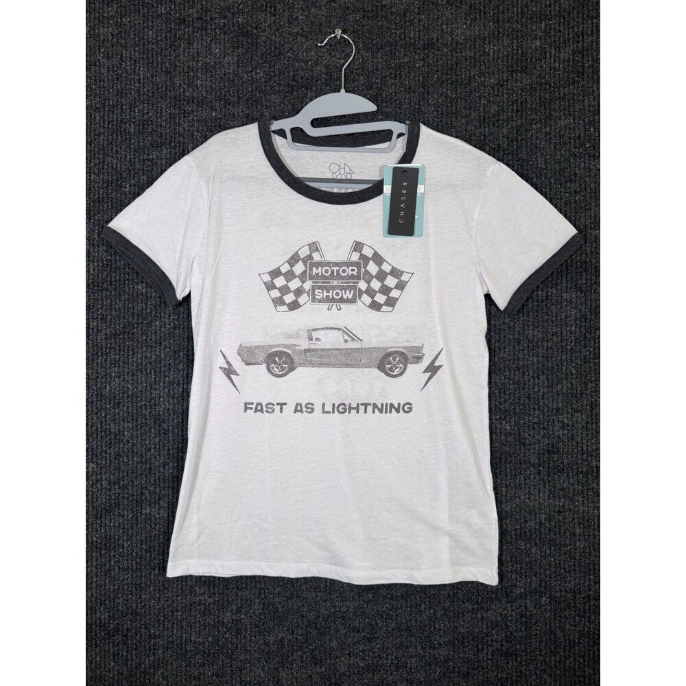 NWT Chaser Fast As Lightning Vintage Car Ringer Tee Womens S